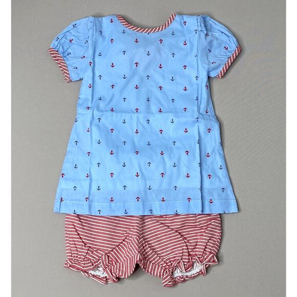 NWT The Oaks Apparel Back Bow Blue/Red Anchor Stripe Bloomer Set Girls 24 Mo
